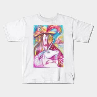 UNICORN  AND LADY WITH PEACOCK FEATHERS Kids T-Shirt